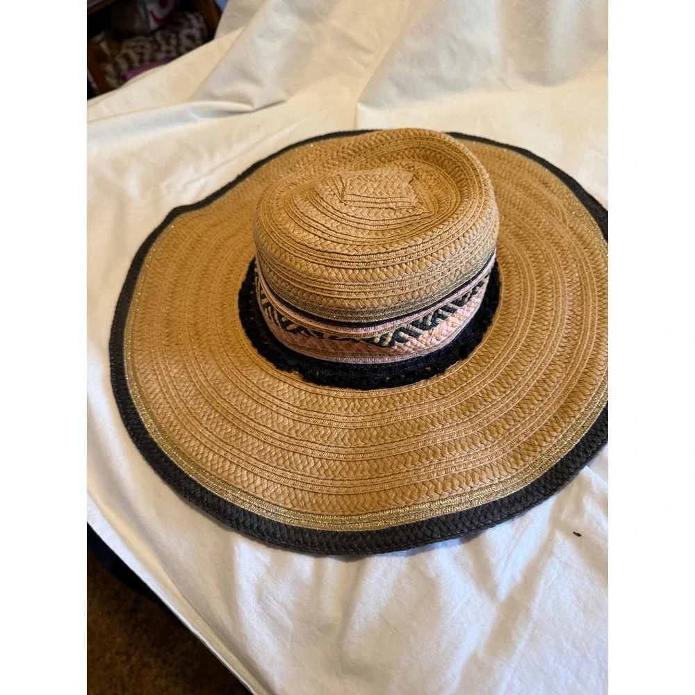 Steve Madden‎ Womens Wide Brim Straw Sun Hat Tan Black Pink Gold Metallic OS